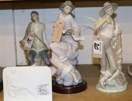 3 Lladro figs: New shepherd, seated girl with music & Shepherd feeding a lamb